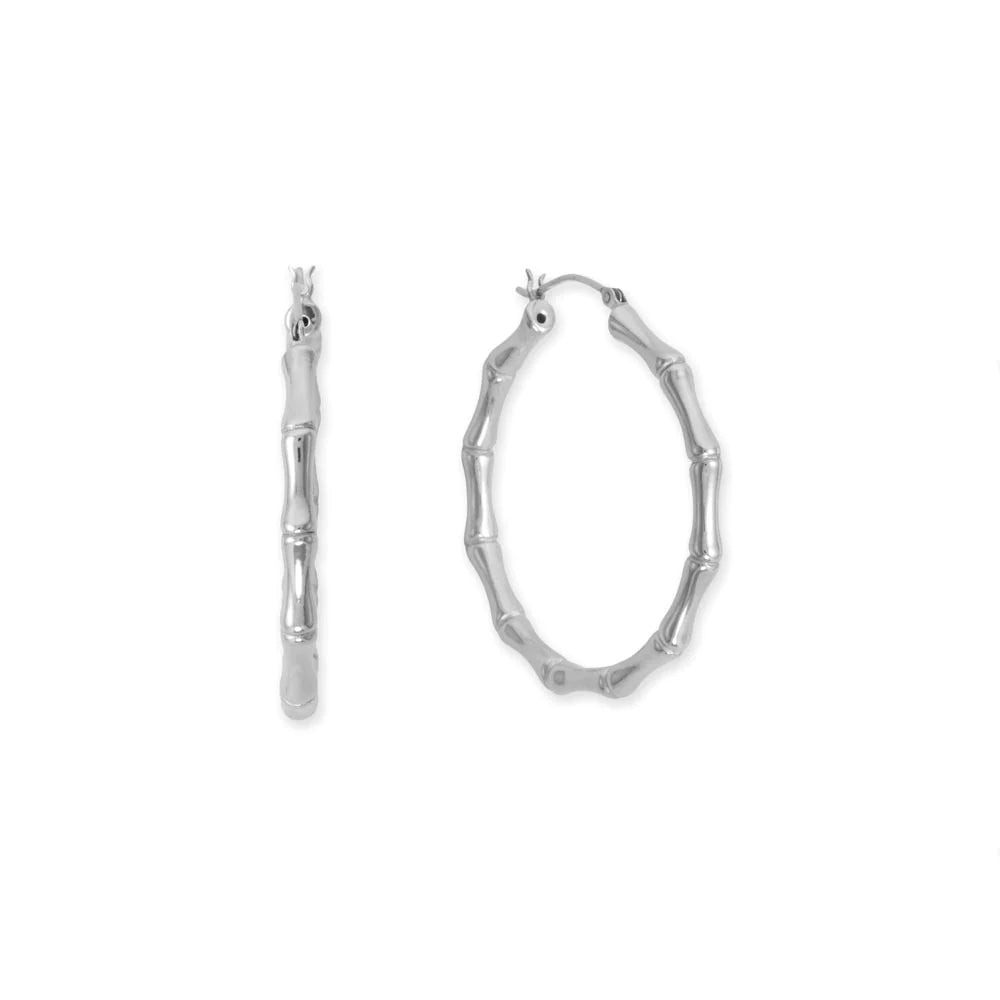 Sterling Silver 44mm Slim Bamboo Hoop Earrings