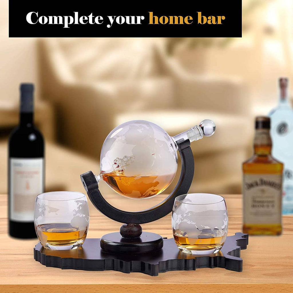 Whiskey Decanter Set World Etched Globe Decanter