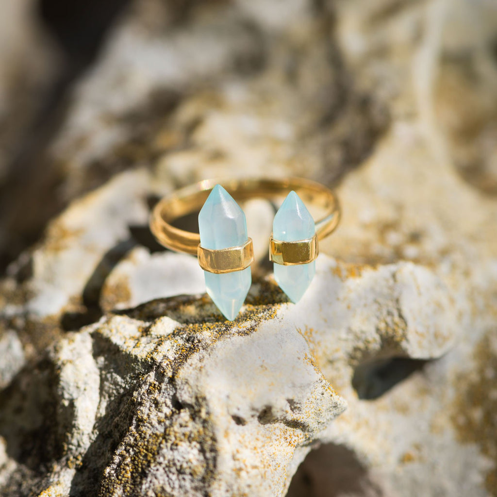 14 Karat Gold Dipped Spike Pencil Cut Aqua Chalcedony Split Ring