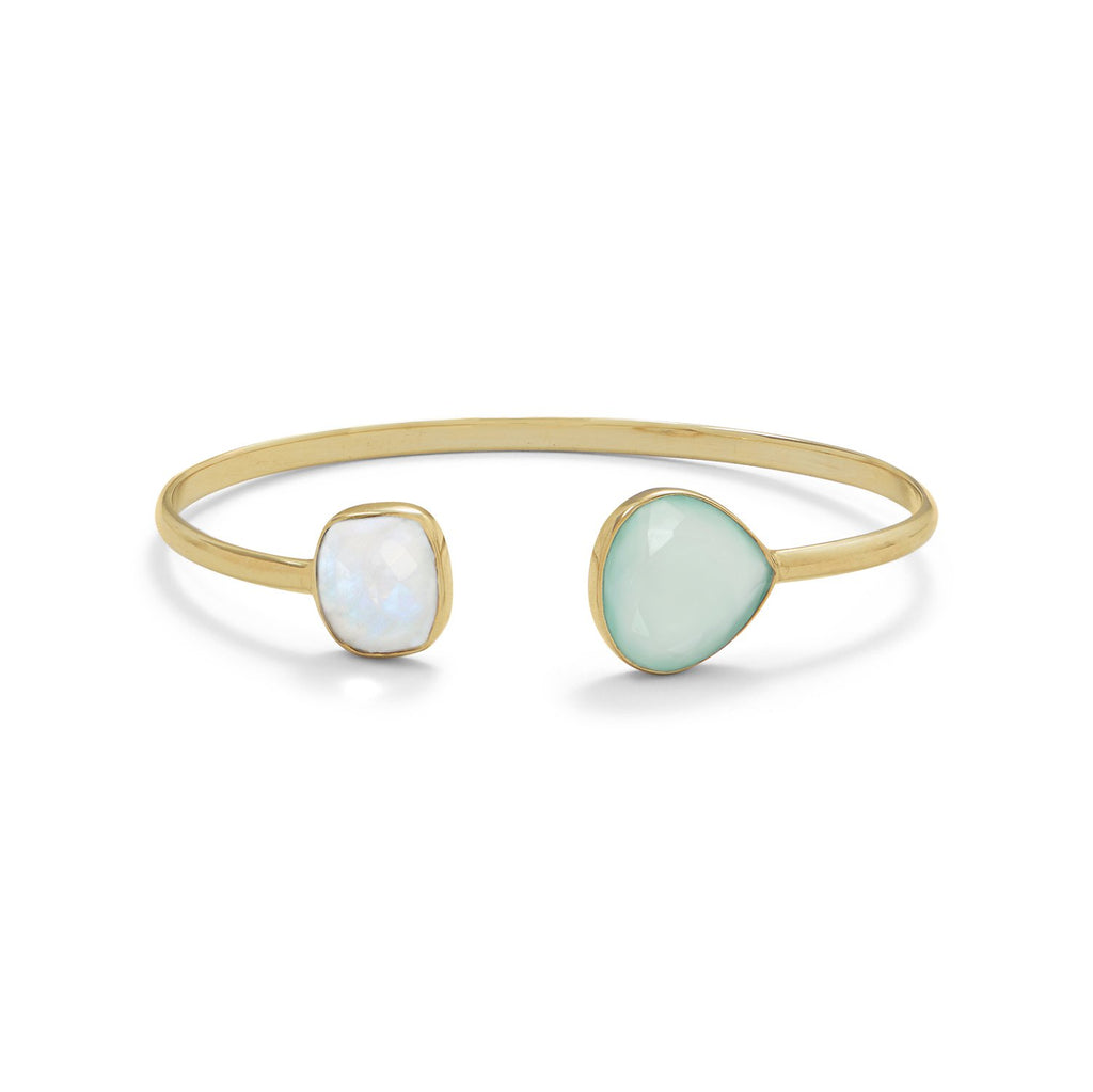 14 Karat Gold Dipped Rainbow Moonstone and Green Chalcedony Split Bangle