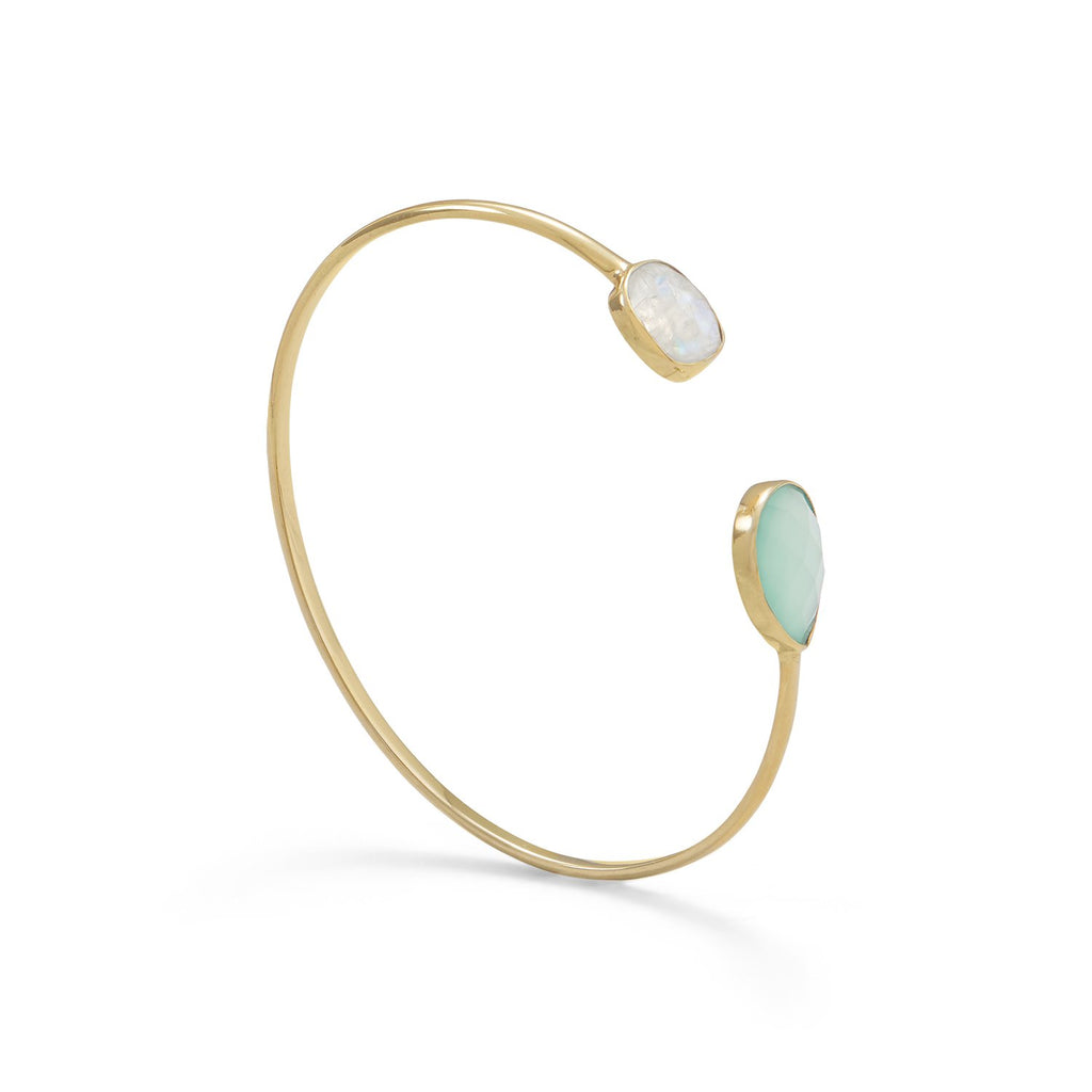 14 Karat Gold Dipped Rainbow Moonstone and Green Chalcedony Split Bangle
