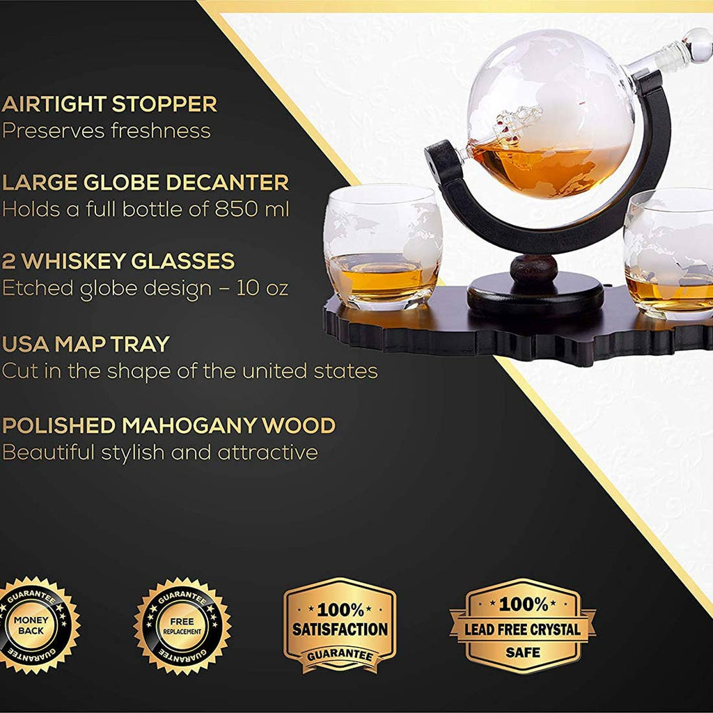 Whiskey Decanter Set World Etched Globe Decanter