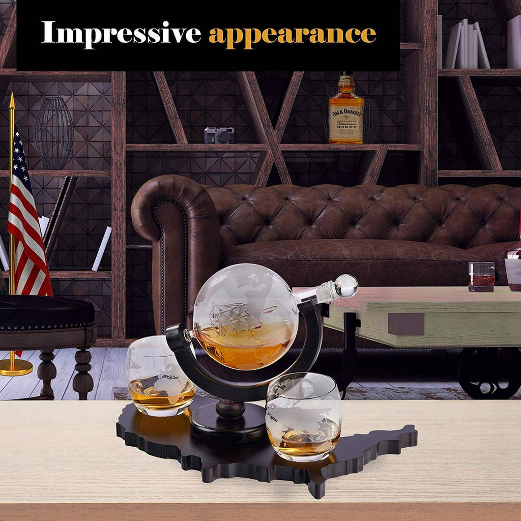 Whiskey Decanter Set World Etched Globe Decanter