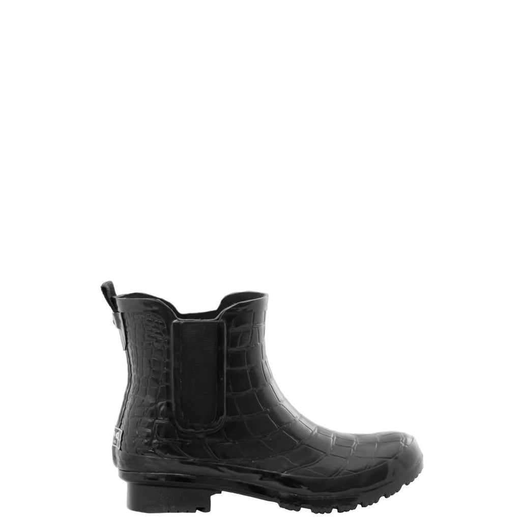 CHELSEA BLACK CROC EMBOSS WOMEN'S ANKLE RAIN BOOTS