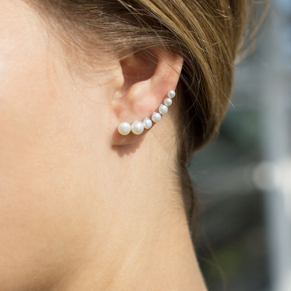 Rhodium Graduated Cultured Freshwater Pearl Ear Climbers