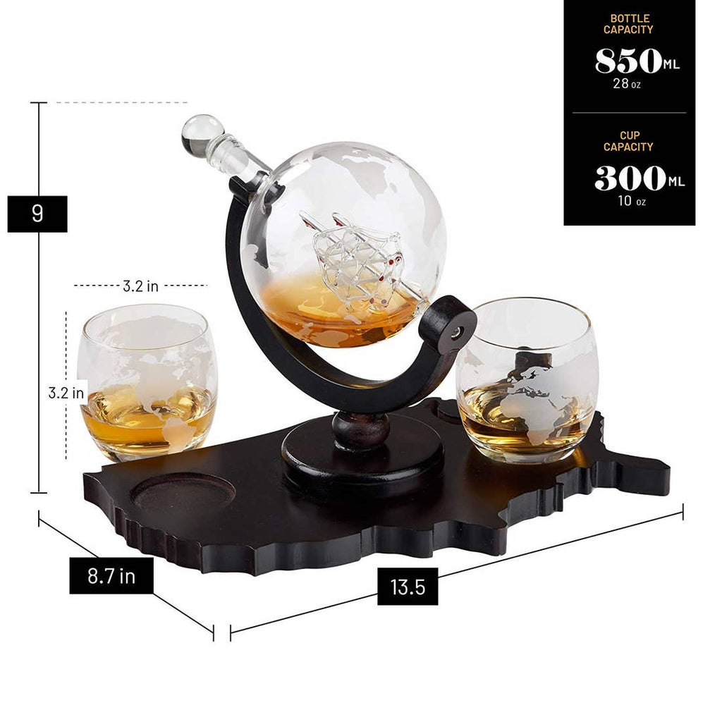Whiskey Decanter Set World Etched Globe Decanter