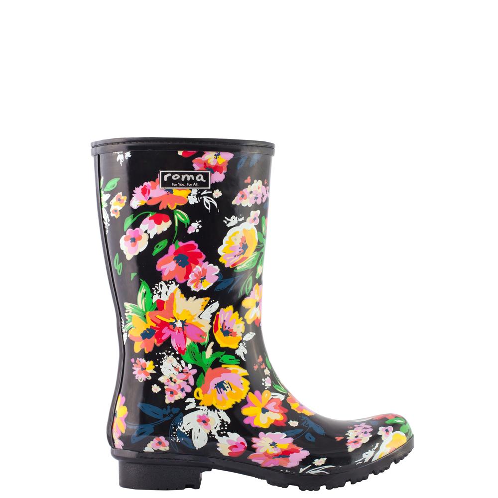 EMMA MID BLACK FLORAL WOMEN'S RAIN BOOTS