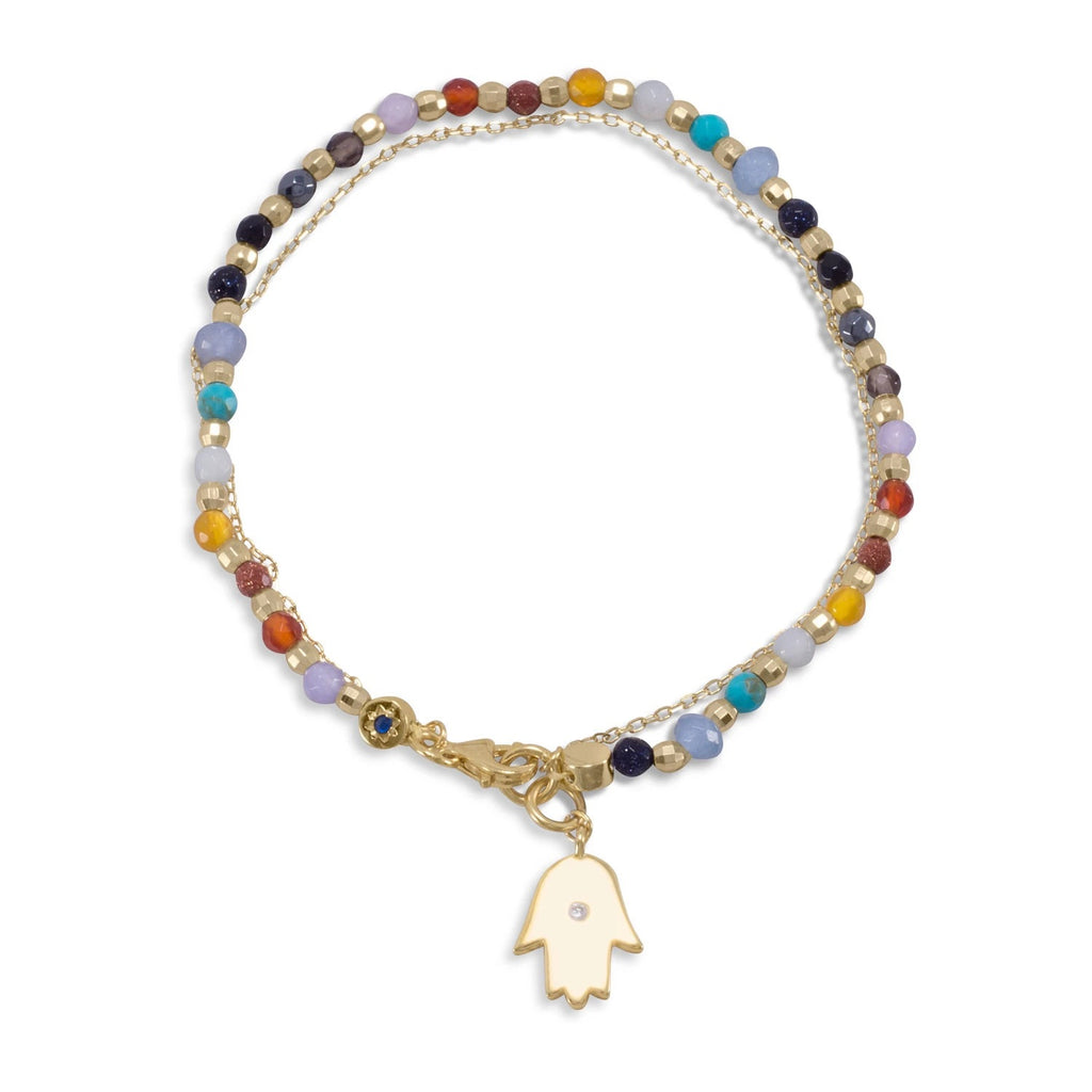 Double Strand 14 Karat Gold Dipped Multistone Bracelet with Hamsa Charm